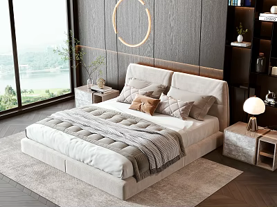 Modern Double Bed In Beige Upholstery With Gray Blanket Nightstand Lamp And Wooden Wall 3d model