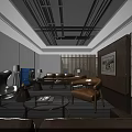 Modern Office Lounge Space With Leather Sofas Accent Chairs Coffee Table And Decorative Artwork 3d model