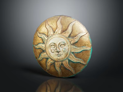 Ancient Circular Bronze Shield Weapon With Decorative Sun Face Motif And Patina 3d model