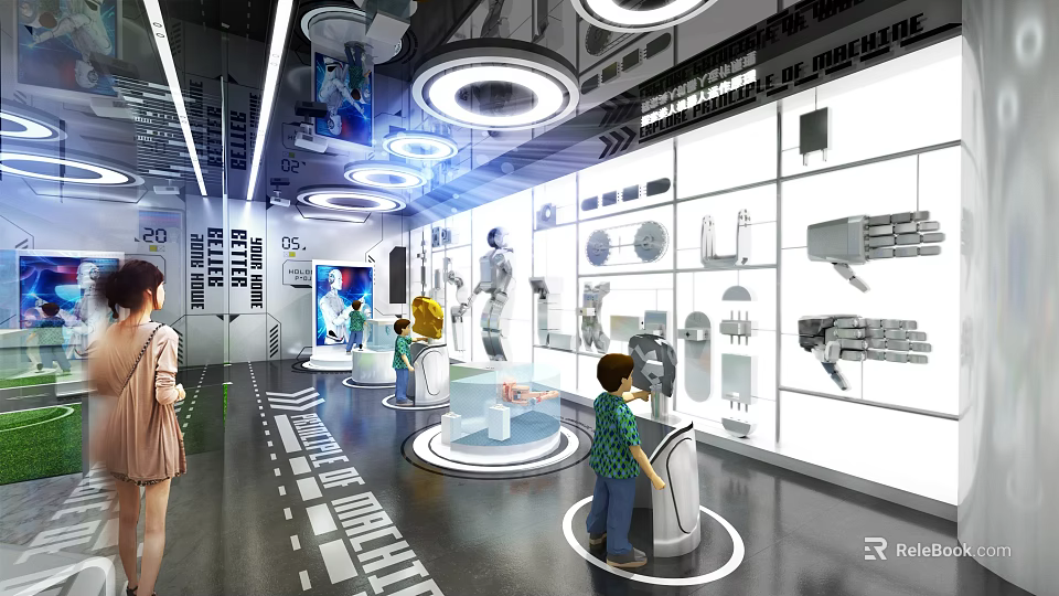 Modern Exhibition Hall With Product Displays Glass Showcases And Visitors Exploring Exhibits 3d model 