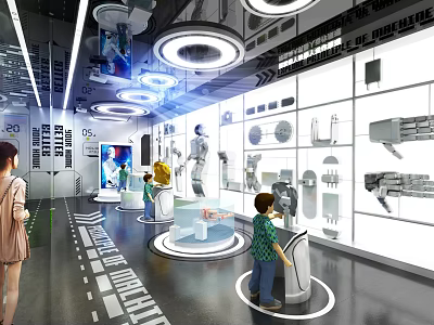 Modern Exhibition Hall With Product Displays Glass Showcases And Visitors Exploring Exhibits 3d model