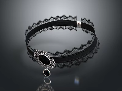 Elegant Black Lace Choker With Silver Decoration And Black Gem Pendant 3d model