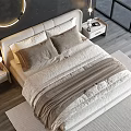 Modern Double Bed Interior Design With Gray Headboard Beige Bedding Circular Lights And Sea View