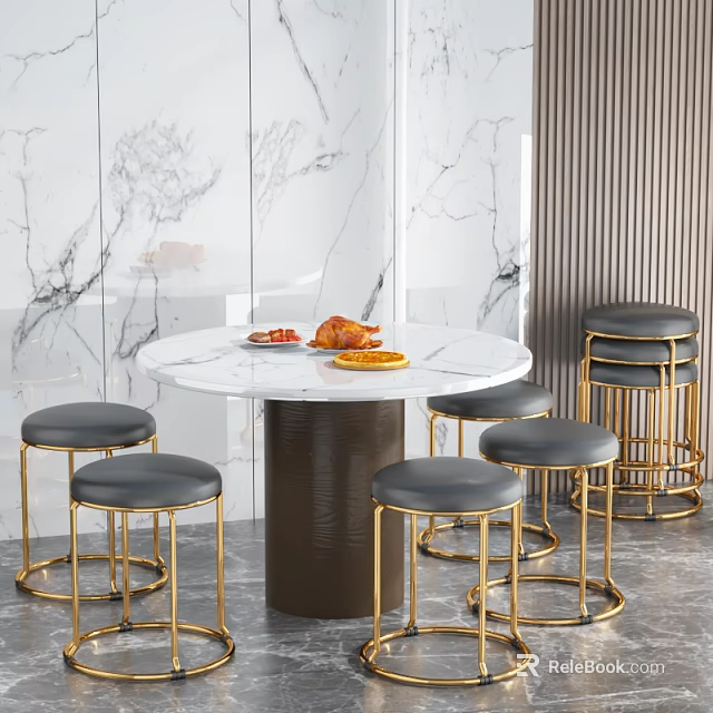 Modern Gray Cushioned Stools With Gold Metal Frame Round Marble Table And Marble Wall Backdrop 3d model