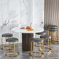 Modern Gray Cushioned Stools With Gold Metal Frame Round Marble Table And Marble Wall Backdrop 3d model