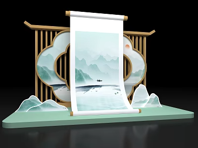 Traditional Chinese Photo Spot With Landscape Scroll Painting Wooden Frame And Mountain Decorations 3d model