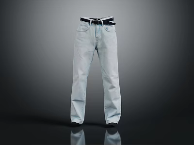 Light Blue Denim Jeans With Black Belt Full Length Classic Fit Style 3d model