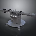 Gray Multiple Barrel Military Weapon Turret With Mechanical Base And Control Panel 3d model
