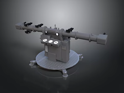 Gray Multiple Barrel Military Weapon Turret With Mechanical Base And Control Panel 3d model