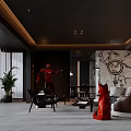 Modern Living And Dining Area Interior With Dark Ceiling Leather Sofa And Wine Cabinet