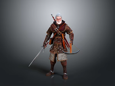 Man With White Hair And Beard In Medieval Armored Outfit Holding Sword Curved Blade And Quiver 3d model