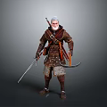 Man With White Hair And Beard In Medieval Armored Outfit Holding Sword Curved Blade And Quiver