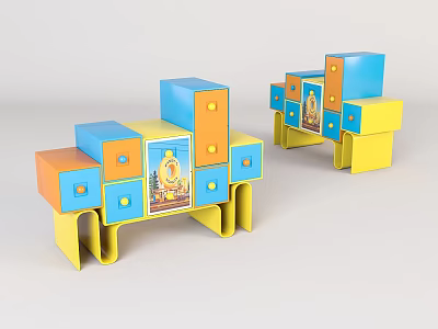 Colorful Entryway Console Cabinet And Side Cabinet With Blue Orange Yellow Drawers And Storage 3d model