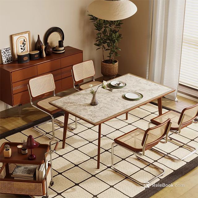 Modern Dining Table Set With Woven Chairs Marble Top And Green Plant In Interior 3d model 