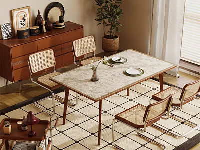 Modern Dining Table Set With Woven Chairs Marble Top And Green Plant In Interior 3d model