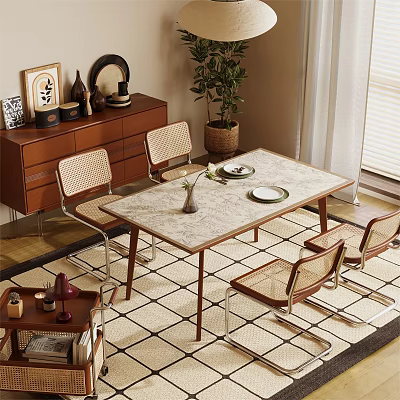 Modern Dining Table Set With Woven Chairs Marble Top And Green Plant In Interior 3d model