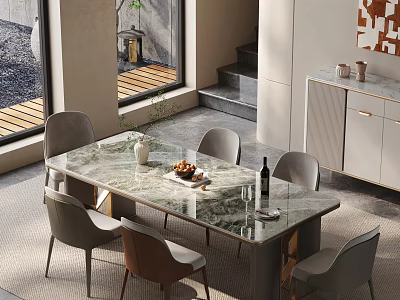 Modern Dining Table Set With Marble Top Chairs Vase Bread Wine Bottle And Window View 3d model