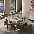 Modern Dining Table Set With Marble Top Chairs Vase Bread Wine Bottle And Window View 3d model