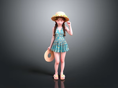 Little Girl In Blue Floral Dress With Straw Hat And Yellow Sandals 3d model