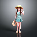Little Girl In Blue Floral Dress With Straw Hat And Yellow Sandals