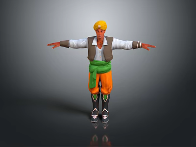 Man With Yellow Turban White Shirt Green Vest Orange Pants Black Boots Arms Outstretched 3d model