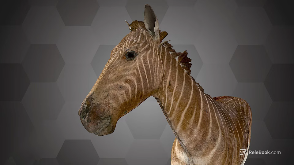 Detailed Zebra Head And Neck With Brown Stripes Against Gray Hexagonal Background 3d model 