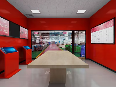 Red Walled Service Area With Long Light Table Large Screens And Workshop View 3d model