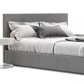 Cozy Modern Double Bed With Gray Bedding Headboard Folded Blanket And Round Nightstand