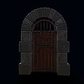 Medieval Stone Arch Door Structure With Wooden Panel Iron Bars And Metal Hinges