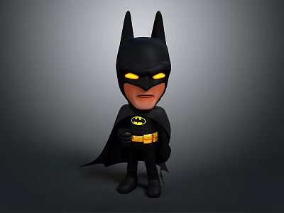 Chibi Batman Character In Black Costume With Yellow Eyes And Cape 3d model