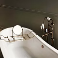 Elegant White Bathtub With Brass Faucet And Metal Rack On Dark Wall Background