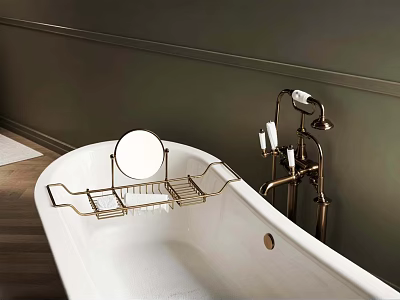 Elegant White Bathtub With Brass Faucet And Metal Rack On Dark Wall Background 3d model