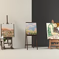 Art Supplies Display With Three Easels Canvas Paintings And Wooden Stools