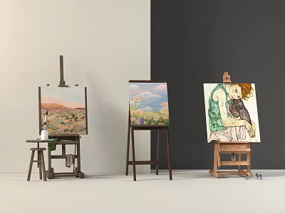 Art Supplies Display With Three Easels Canvas Paintings And Wooden Stools 3d model