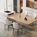 Modern Dining Table Set With Wooden Tabletop And Four White Chairs In Kitchen 3d model