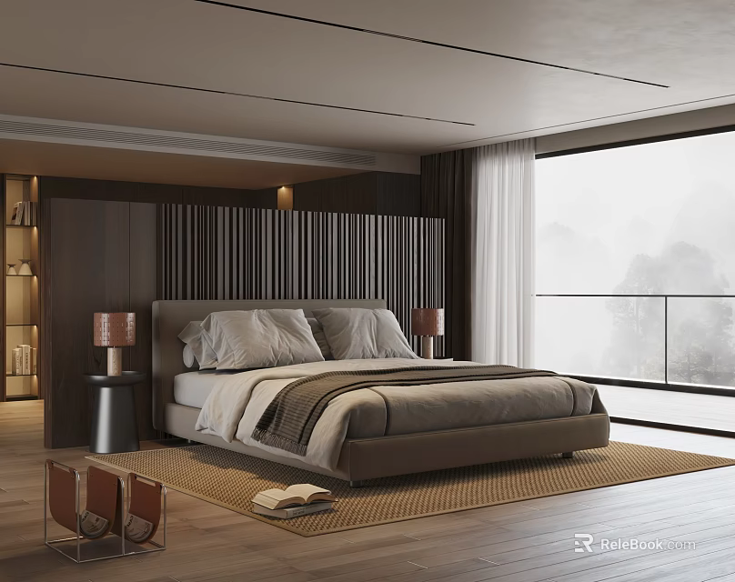 Modern Bedroom Interior With Comfortable Bed Stylish Headboard Table Lamps And Large Window 3d model