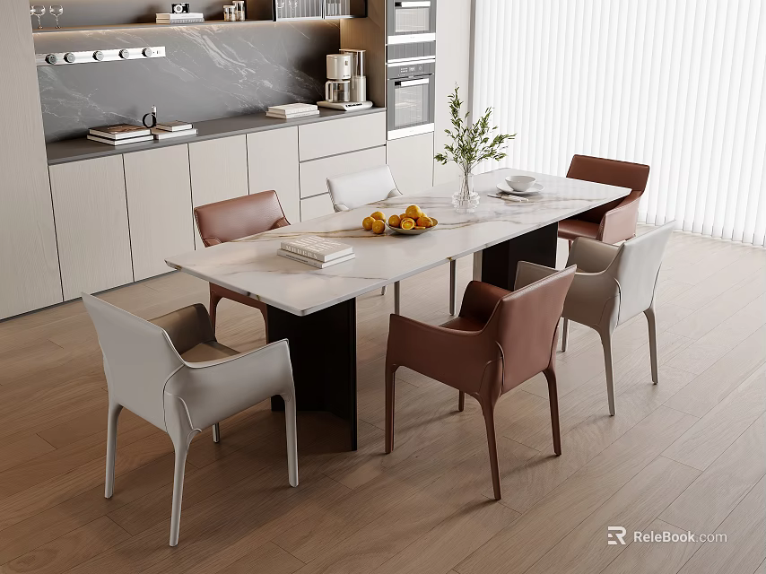 Modern Dining Table Set With Multicolor Chairs Fruit Bowl And Open Kitchen Cabinets 3d model