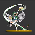 Green Haired Winged Character And Small White Creature With Glowing Staff On Golden Circular Base