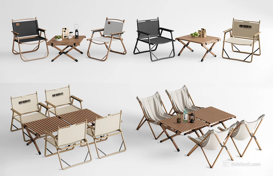 Foldable Outdoor Chairs With Wooden Tables And Various Colors For Patio Relaxing 3d model 