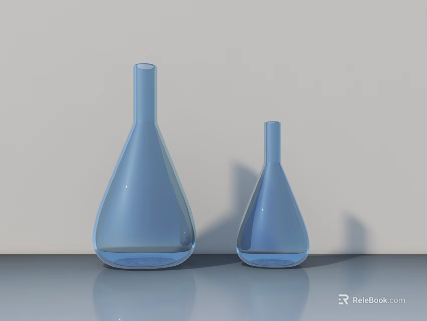 Beautiful Blue Glass Vases for Flowers in Various Sizes on Glossy Surface Light Background 3d model 