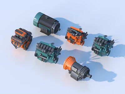 Different Models Of Industrial Equipment Motors And Pumps In Green Orange Black Colors 3d model