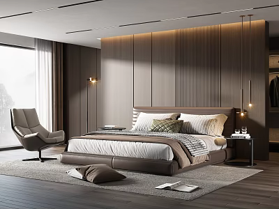 Modern Bedroom Interior With Wooden Paneled Walls Bed Accent Chair And Area Rug 3d model