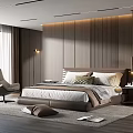 Modern Bedroom Interior With Wooden Paneled Walls Bed Accent Chair And Area Rug