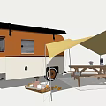Cozy Camping Tent Setup With Retro Camper Van And Picnic Table On Green Grassland