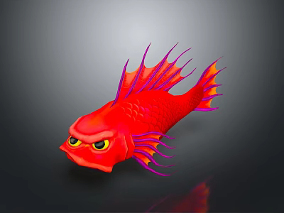 Fierce Red Fish With Purple Orange Fins And Yellow Eyes 3D Render On Dark Background 3d model