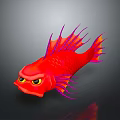 Fierce Red Fish With Purple Orange Fins And Yellow Eyes 3D Render On Dark Background