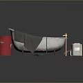 Bathroom Scene with White Bathtub Gray Curtain Red Bucket Green Hose Checkered Mat and Toiletries