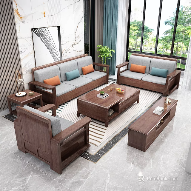 Walnut Solid Wood Living Room Sofa And Coffee Table Combination With Comfortable Soft Fabric Cushions 3d model 