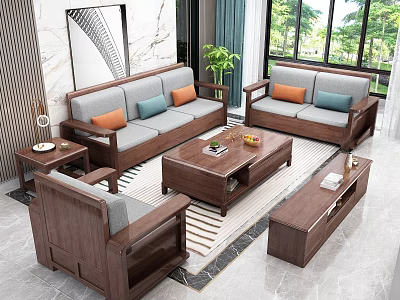 Walnut Solid Wood Living Room Sofa And Coffee Table Combination With Comfortable Soft Fabric Cushions 3d model