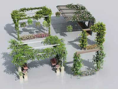 Various Stylish Pergola Designs With Green Plants Climbing Vines And Garden Decor 3d model
